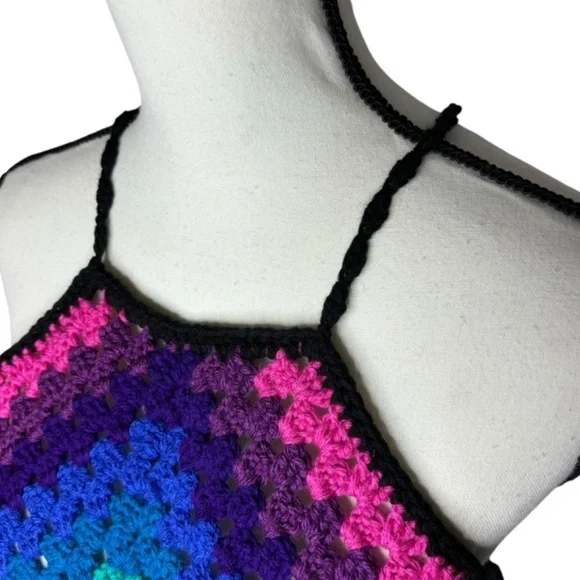 Handcrafted Crochet Halter Top Rainbow Granny Acrylic Yarn Art Handmade Knit - Picture 6 of 16